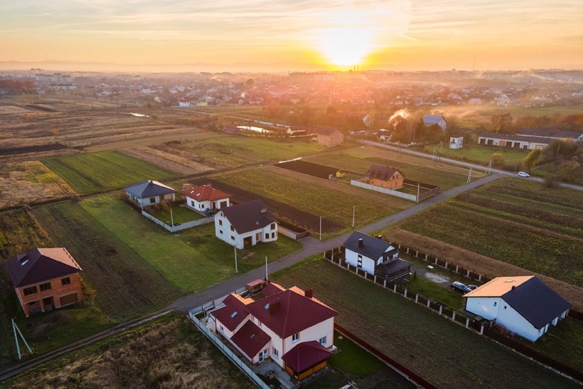 Aerial View Homes at Sunset